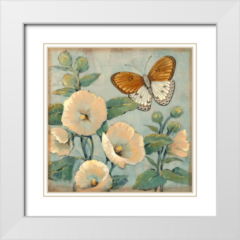 Butterfly and Hollyhocks I White Modern Wood Framed Art Print with Double Matting by OToole, Tim