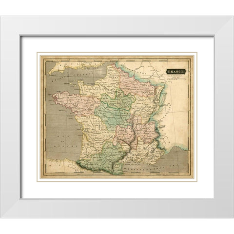 Thomsons Map of France White Modern Wood Framed Art Print with Double Matting by Thomson