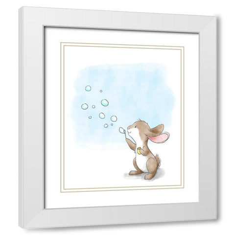 Little Bunny Blowing Bubbles White Modern Wood Framed Art Print with Double Matting by Circle Kids