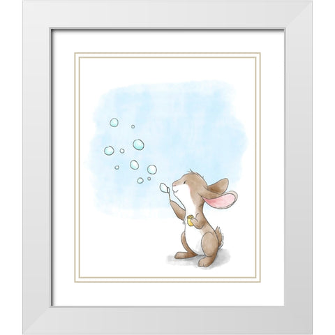 Little Bunny Blowing Bubbles White Modern Wood Framed Art Print with Double Matting by Circle Kids