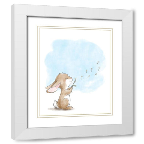 Little Bunny Blowing Dandelions White Modern Wood Framed Art Print with Double Matting by Circle Kids