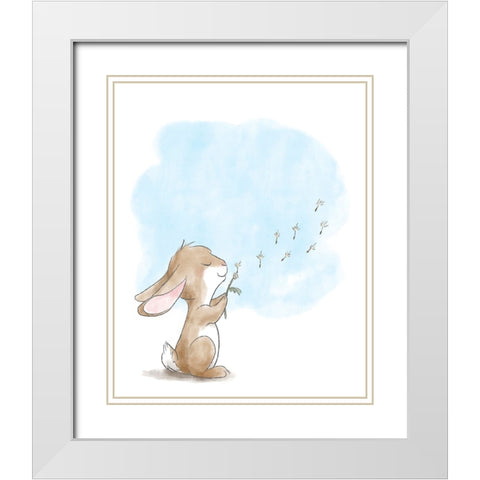 Little Bunny Blowing Dandelions White Modern Wood Framed Art Print with Double Matting by Circle Kids
