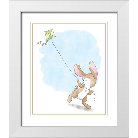 Little Bunny Flying a Kite White Modern Wood Framed Art Print with Double Matting by Circle Kids