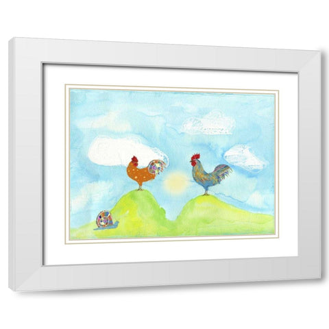 Hilltop Roosters White Modern Wood Framed Art Print with Double Matting by Blixt, Ingrid