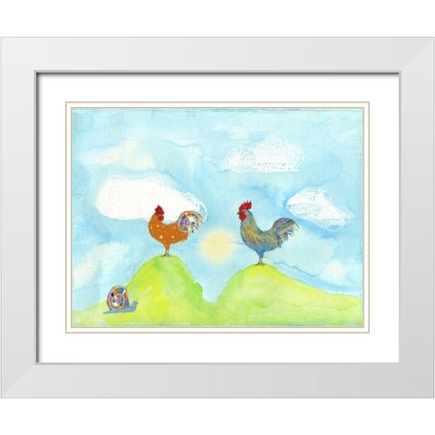 Hilltop Roosters White Modern Wood Framed Art Print with Double Matting by Blixt, Ingrid