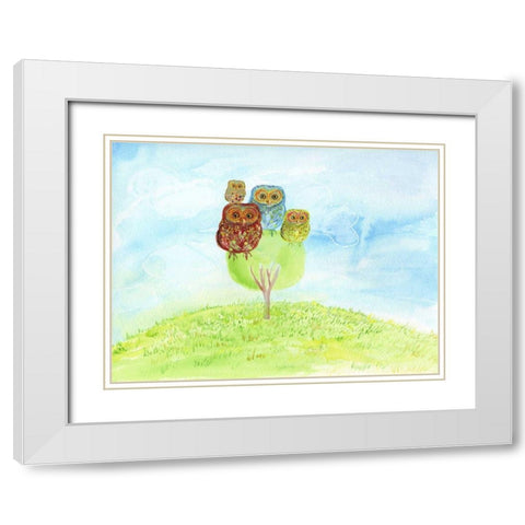 Owl Family White Modern Wood Framed Art Print with Double Matting by Blixt, Ingrid