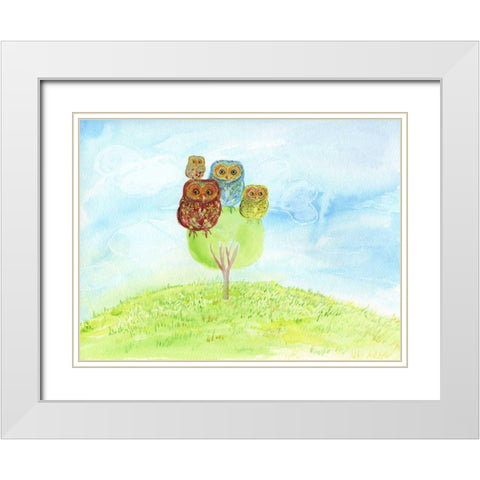 Owl Family White Modern Wood Framed Art Print with Double Matting by Blixt, Ingrid