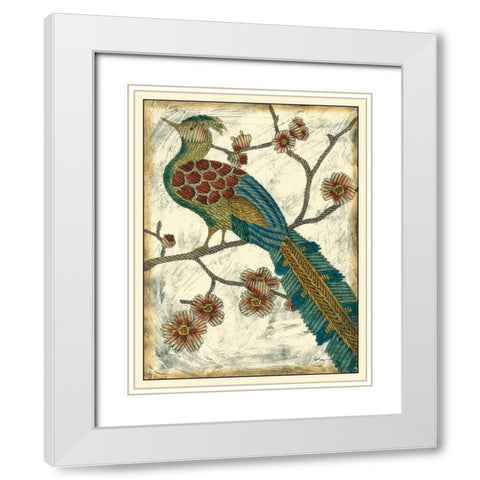 Embroidered Pheasant II White Modern Wood Framed Art Print with Double Matting by Zarris, Chariklia