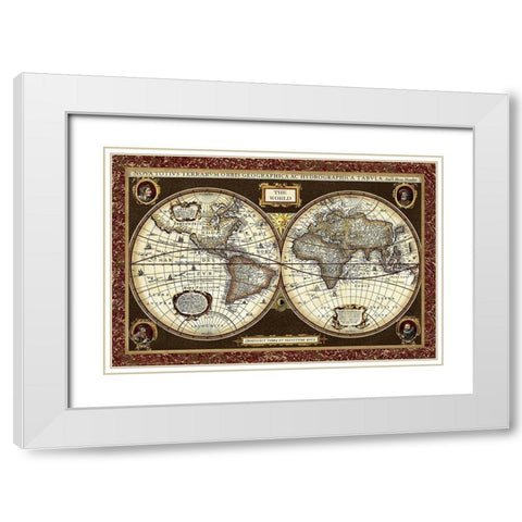 Decorative World Map White Modern Wood Framed Art Print with Double Matting by Vision Studio