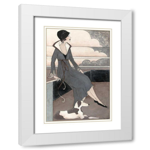 Art Deco Lady With Dog White Modern Wood Framed Art Print with Double Matting by Meagher, Megan