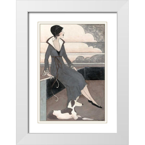Art Deco Lady With Dog White Modern Wood Framed Art Print with Double Matting by Meagher, Megan