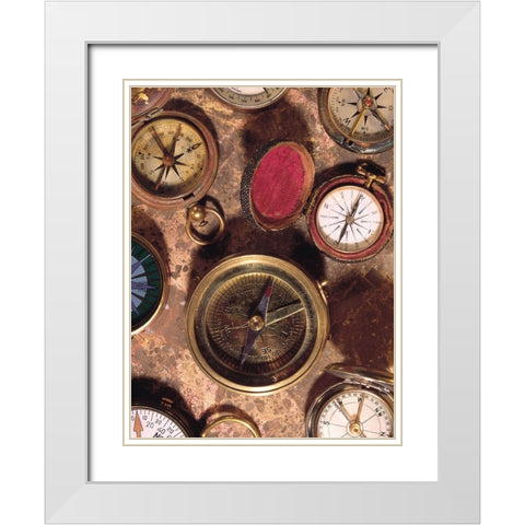 Antique Compass Collage White Modern Wood Framed Art Print with Double Matting by Vision Studio