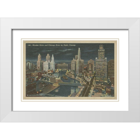 Chicago- Chicago River by Night White Modern Wood Framed Art Print with Double Matting by Unknown