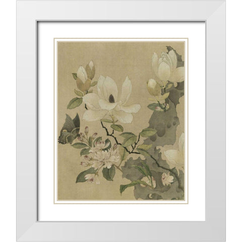 Magnolia and Butterfly White Modern Wood Framed Art Print with Double Matting by Unknown