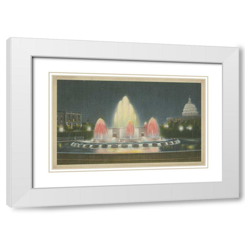 Illuminated Fountain Capitol Plaza White Modern Wood Framed Art Print with Double Matting by Unknown