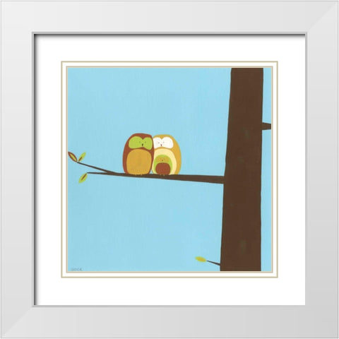 Tree-top Owls IV White Modern Wood Framed Art Print with Double Matting by Vess, June Erica
