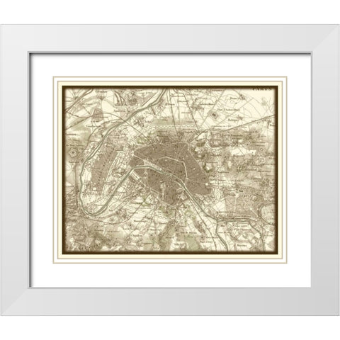 Sepia Map of Paris White Modern Wood Framed Art Print with Double Matting by Vision Studio