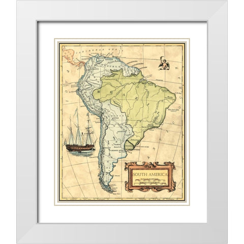 South America Map White Modern Wood Framed Art Print with Double Matting by Vision Studio