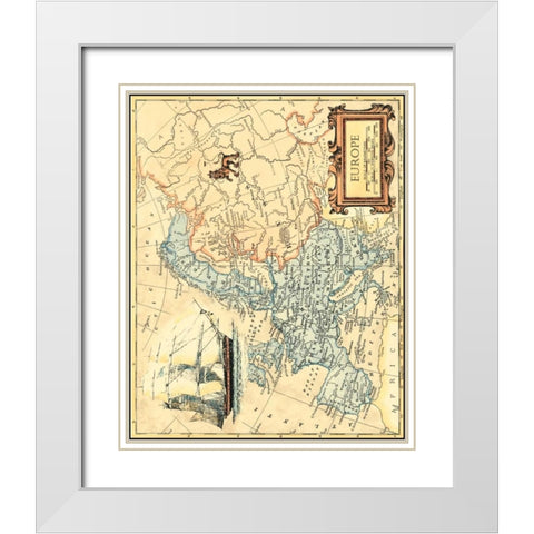 Europe Map White Modern Wood Framed Art Print with Double Matting by Vision Studio