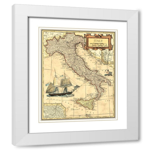 Italy Map White Modern Wood Framed Art Print with Double Matting by Vision Studio