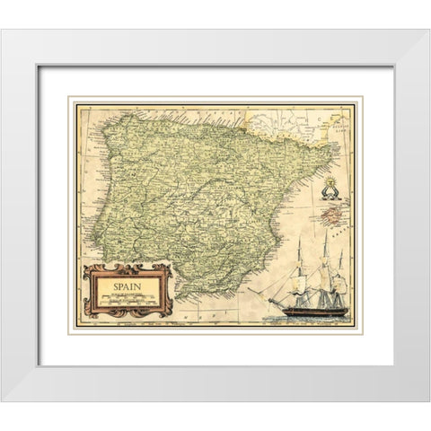 Spain Map White Modern Wood Framed Art Print with Double Matting by Vision Studio