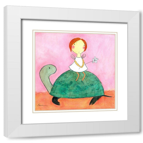 Fairy on Turtle White Modern Wood Framed Art Print with Double Matting by Sonheim, Carla