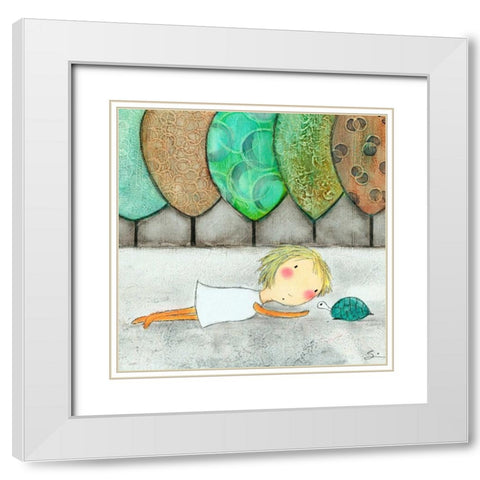 Girl with Turtle White Modern Wood Framed Art Print with Double Matting by Sonheim, Carla