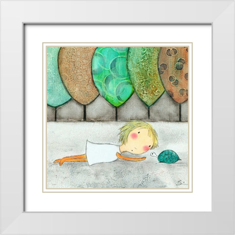 Girl with Turtle White Modern Wood Framed Art Print with Double Matting by Sonheim, Carla