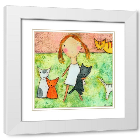 Girl with Cats White Modern Wood Framed Art Print with Double Matting by Sonheim, Carla