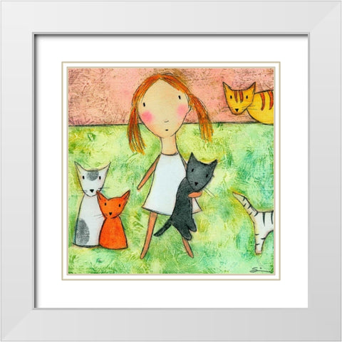 Girl with Cats White Modern Wood Framed Art Print with Double Matting by Sonheim, Carla