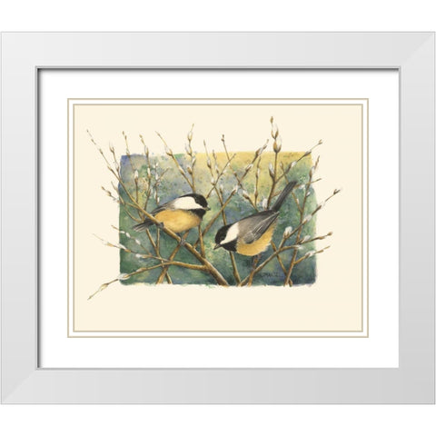 Chickadees and Pussy Willow White Modern Wood Framed Art Print with Double Matting by Mandel, Janet