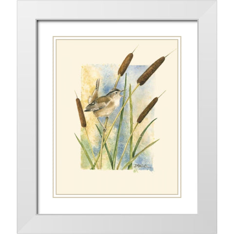 Marsh Wren and Cattails White Modern Wood Framed Art Print with Double Matting by Mandel, Janet