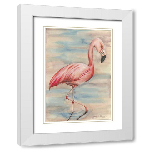 Pink Flamingo I White Modern Wood Framed Art Print with Double Matting by Goldberger, Jennifer