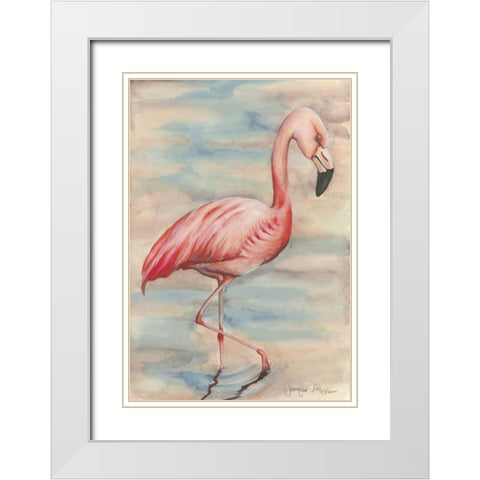 Pink Flamingo I White Modern Wood Framed Art Print with Double Matting by Goldberger, Jennifer