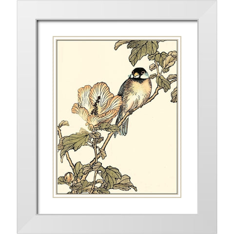Oriental Bird on Branch I White Modern Wood Framed Art Print with Double Matting by Vision Studio