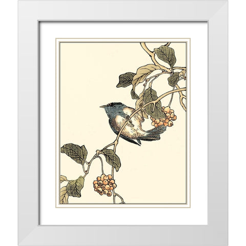 Oriental Bird on Branch III White Modern Wood Framed Art Print with Double Matting by Vision Studio