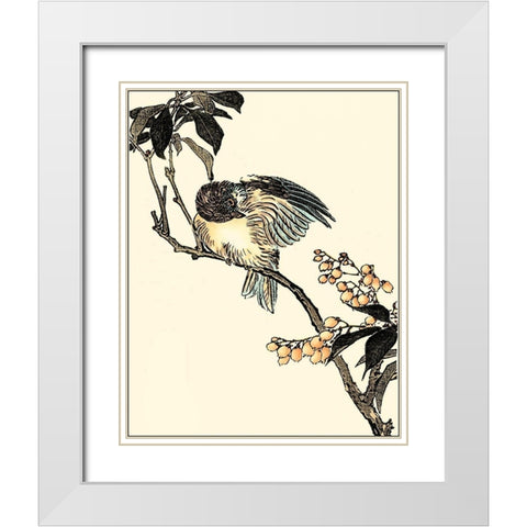 Oriental Bird on Branch V White Modern Wood Framed Art Print with Double Matting by Vision Studio