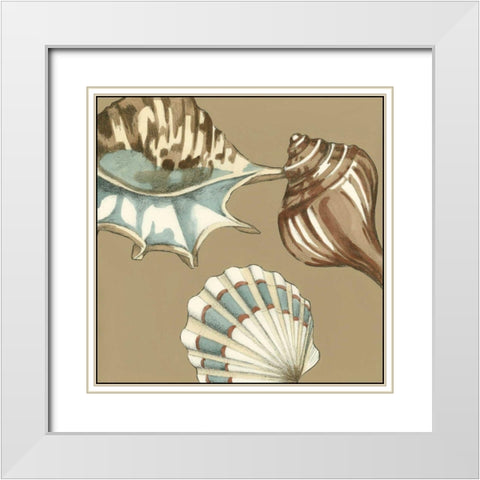 Small Shell Trio on Khaki III White Modern Wood Framed Art Print with Double Matting by Meagher, Megan