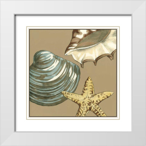 Small Shell Trio on Khaki IV White Modern Wood Framed Art Print with Double Matting by Meagher, Megan