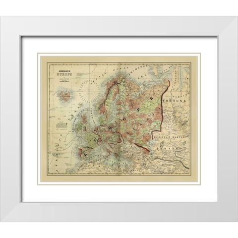 Antique Map of Europe  White Modern Wood Framed Art Print with Double Matting by Johnson