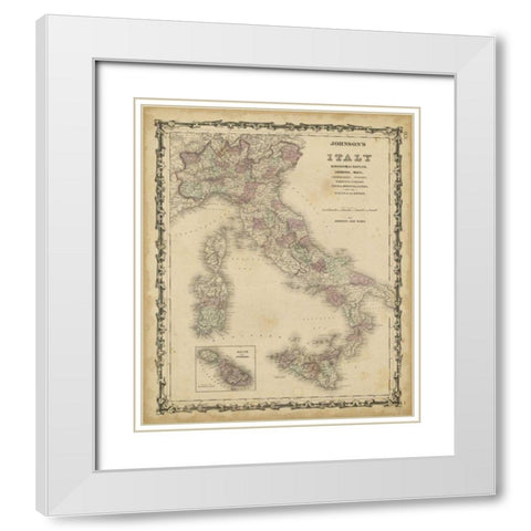 Johnsons Map of Italy White Modern Wood Framed Art Print with Double Matting by Johnson