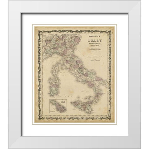 Johnsons Map of Italy White Modern Wood Framed Art Print with Double Matting by Johnson