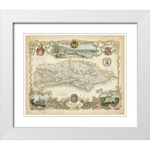 Map of Sussex White Modern Wood Framed Art Print with Double Matting by Unknown