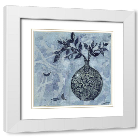 Ornate Vase with Indigo Leaves I White Modern Wood Framed Art Print with Double Matting by Wyatt Jr., Norman