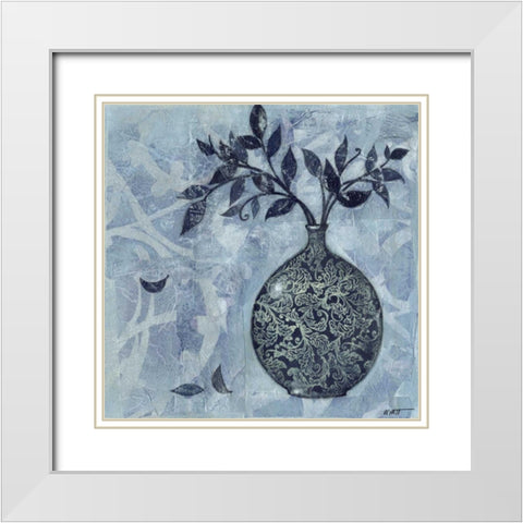 Ornate Vase with Indigo Leaves I White Modern Wood Framed Art Print with Double Matting by Wyatt Jr., Norman