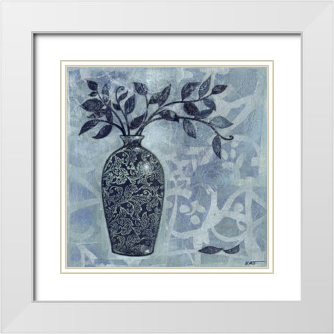 Ornate Vase with Indigo Leaves II White Modern Wood Framed Art Print with Double Matting by Wyatt Jr., Norman
