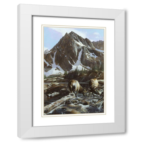Mountainside Elk II White Modern Wood Framed Art Print with Double Matting by Daniel, Kevin