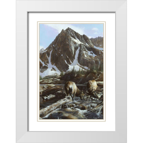 Mountainside Elk II White Modern Wood Framed Art Print with Double Matting by Daniel, Kevin