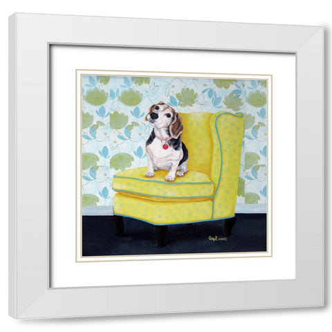 Beagle on Yellow White Modern Wood Framed Art Print with Double Matting by Dillon, Carol