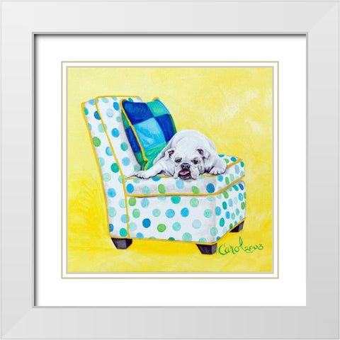 Bulldog on Polka Dots White Modern Wood Framed Art Print with Double Matting by Dillon, Carol